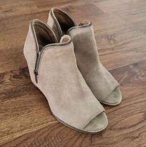 Lucky Brand Taupe Suede Wedge Peep-Toe Ankle Boots